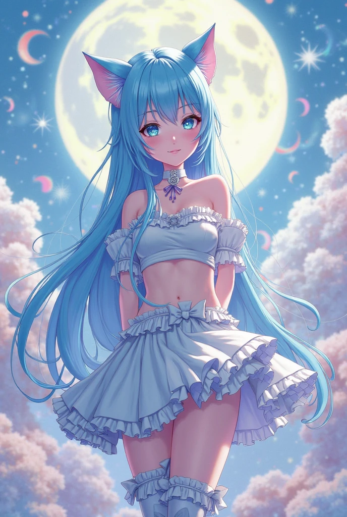 (Sky blue hair),(Medium Hair), (Pink Eyes),Fair skin) ,(whole body),(One Girl),(Crescent Moon),(There are lots of pumpkin ghosts in the background),Cat ear,Cat clothes,Cat&#39;s Tail,(If you don't give me sweets, I'll play a prank on you.),Halloween Night Party),(masterpiece, Highest quality, Very detailed, Best Shadow), (Detailed Background), (Beautifully detailed face), High Contrast, (Best lighting, Very delicate and beautiful), ((Cinematic Light)), Hyper Detail,8k, Dramatic Light, Intricate details,night,(Bats flying in the background),Pumpkin handbag,There are sweets in the bag,
