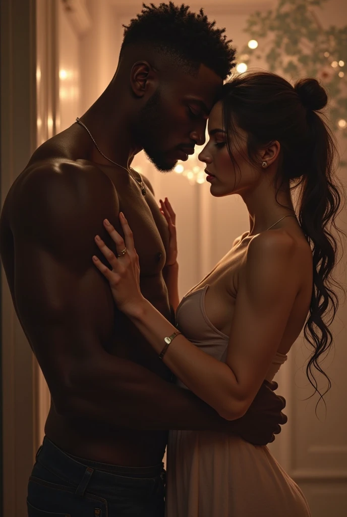 Gay man with female body, hugging a shirtless, muscular black man.
