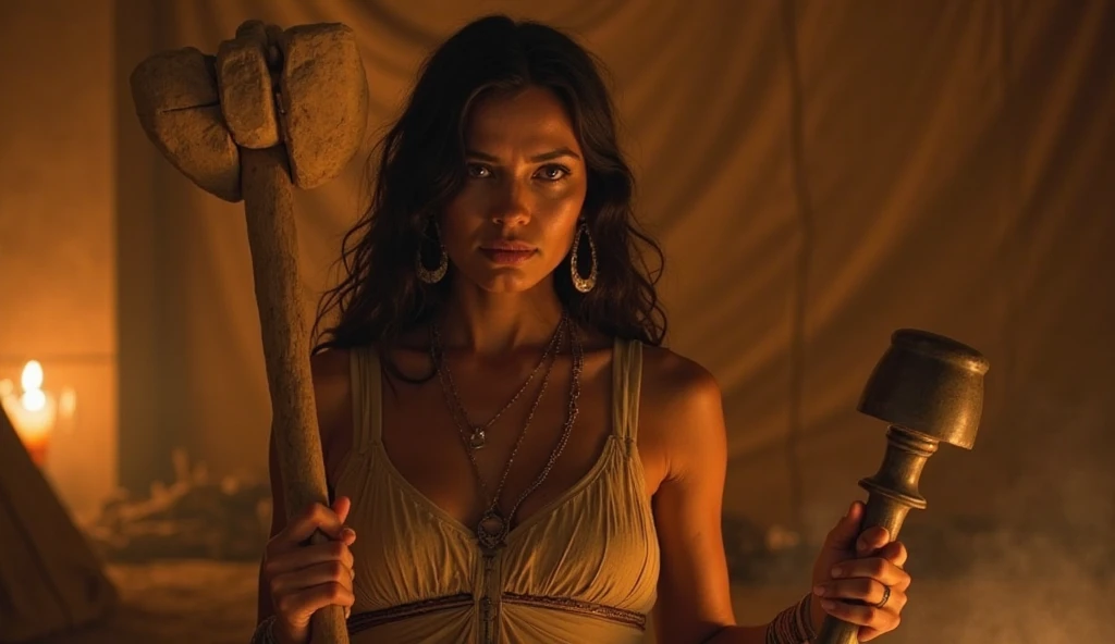 a young white woman wearing a tribal fur bra and fur loin cloth, inside a dilapidated tribal hut, the hut is situated within a large cavern system, detailed face, beautiful eyes, long eyelashes, photorealistic, 8k, high quality, masterpiece, dramatic lighting, moody atmosphere, cinematic, fantasy, concept art