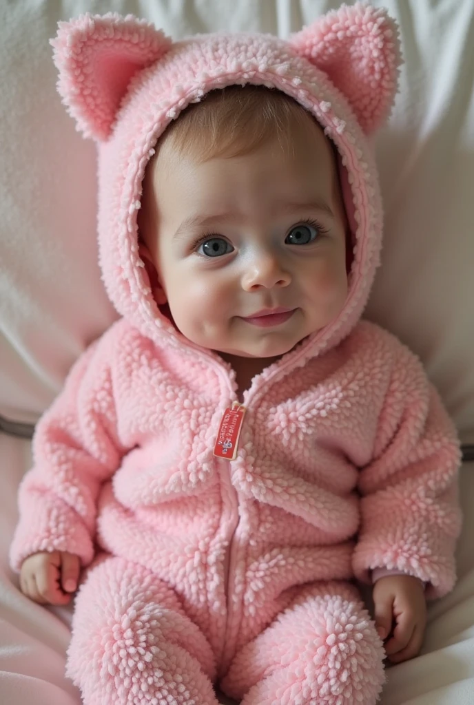 A very cute baby with big, sparkling eyes and a sweet smile, sitting in a soft, cozy blanket. The baby is wearing a light pastel-colored onesie, with a small stuffed animal beside them. The background is a softly lit, warm and gentle nursery with soft colors.