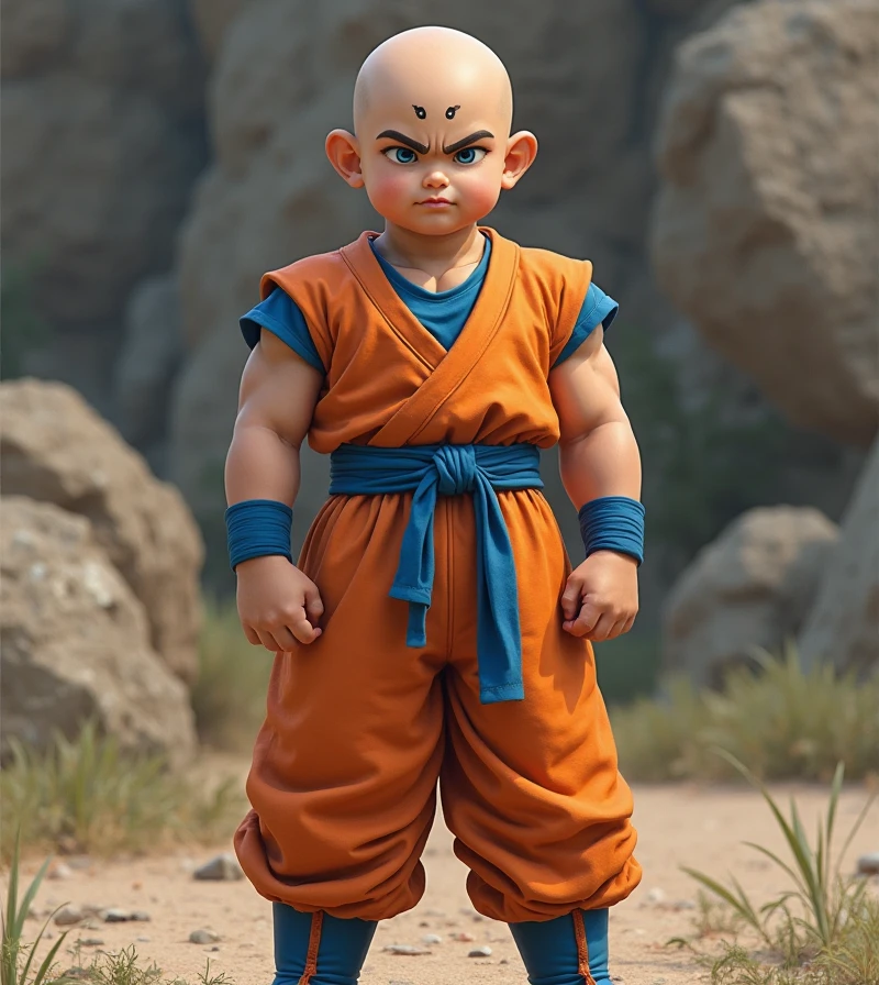 masterpiece, best quality), intricate detail, 8k, art station, wallpaper, official art, splash art, storm in the background, sharp focus, 1boy, (photorealistic:1.2) (bokeh) (best quality) (detail skin:1.3) (intricate detail) (8k) (detailed eyes) (sharp focus)Little krillin ,red shirt, battle damage, bald head , red sash, black eyes, male focus,, solo, , bracelet,