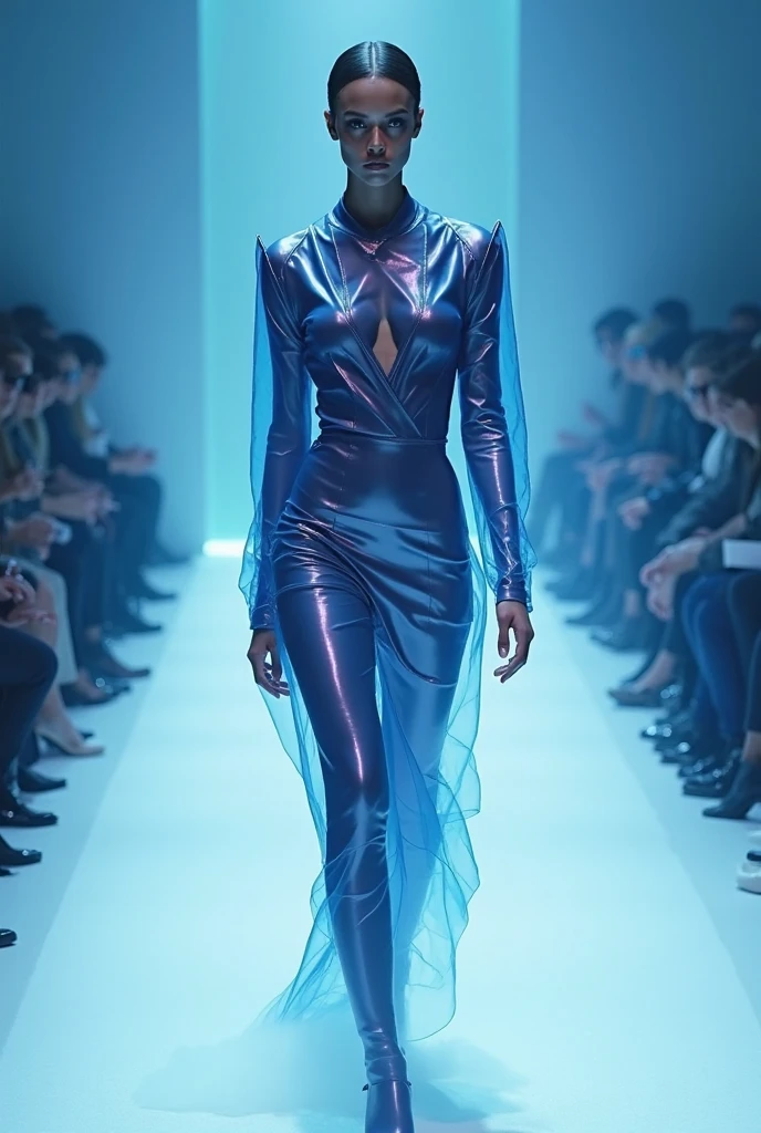An alien parading in modern clothes on the catwalk 