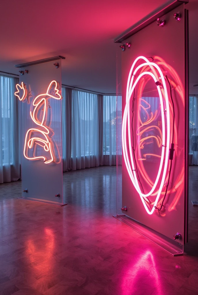<lora:artfullynenstudi_sdxl_v1:1>,stick figures,modern dance positions,made of neon light tubes,