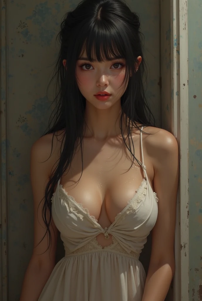 Ulchan-6500-v1.1, (Raw photo:1.2), (Photoreal), beautiful detailed girl, very detailed目と顔, beautiful and fine eyes, huge file size, High resolution, very detailed, highest quality, [masterpiece:1.6], enlightenment, very detailed, cg, finely, highest quality, 8k wallpaper, movie lighting, 1 girl, 17 years old, perfect body shape, big firm chest、【huge tit、heavy chest】、Cute sagging eyes、beautiful big eyes、sweaty and wet、【sexual excitement:1.6】、(the whole body is wet:1.2)、There&#39;s a light in my eyes、short hair、high school girl、(japanese school swimsuit、Navy blue one-piece swimsuit、Navy blue Japanese student swimsuit:1.3)、pool、dynamic pose、giant rim figure,  huge breast， busty, lewd expression, wet