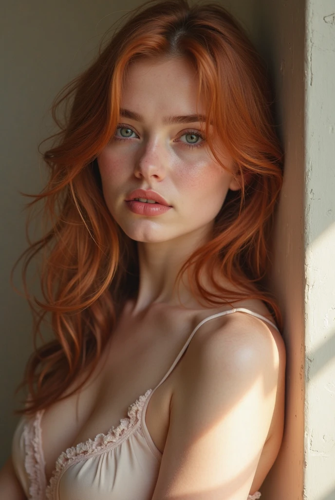 Beautiful redhead woman taking selfie with her phone in front of the mirror, lingerie sensual, ultra detailed image, picture in 8k, 4K, sharp lines, attractive colors, detailedeyes, face detailed, detailedeyes e sedutores, seductive look, playing with a strand of her hair, nsfw.