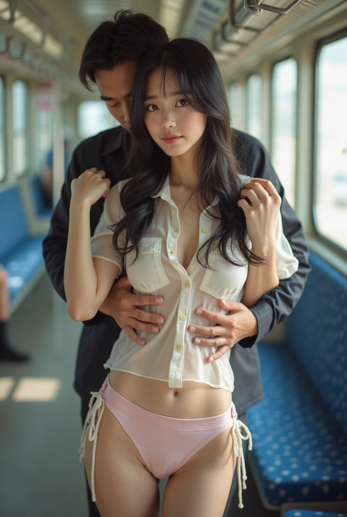(((1 man and 1 girl:1.8))), (((Face the front of your body at the camera:1.8, to stand:1.8, Leaning forward:1.8, A man touches a girl's buttocks from behind:1.8, hetero:1.8))), ((((Eyes closed:1.8, Open mouth:1.8)))), (((Dressing:3.0))), (((shool uniform:1.8))), (((in the bus:1.8))), 18year old, 7headed body, Ideal ratio body proportions, erectile nipple, Medium Hair, With bangs, A dark-haired, small tits, A slender, Small buttocks, beauty legs, Skinny Legs, surrealism, Cinematic lighting, depth of fields, One-person viewpoint, F/1.8, 135 mm, nffsw, masutepiece, ccurate, Anatomically correct, Textured skin, Super Detail, high details, High quality, awardwinning, Best Quality, hight resolution, 8K