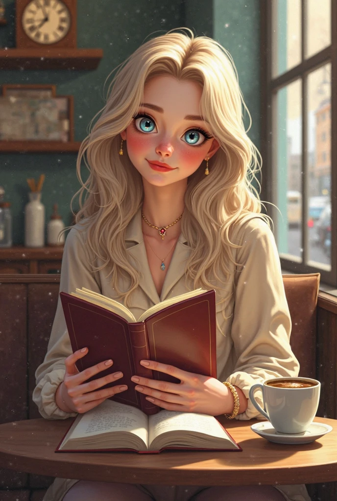 there is a smiling woman with blond curly hair sitting at the table with a book with flowers