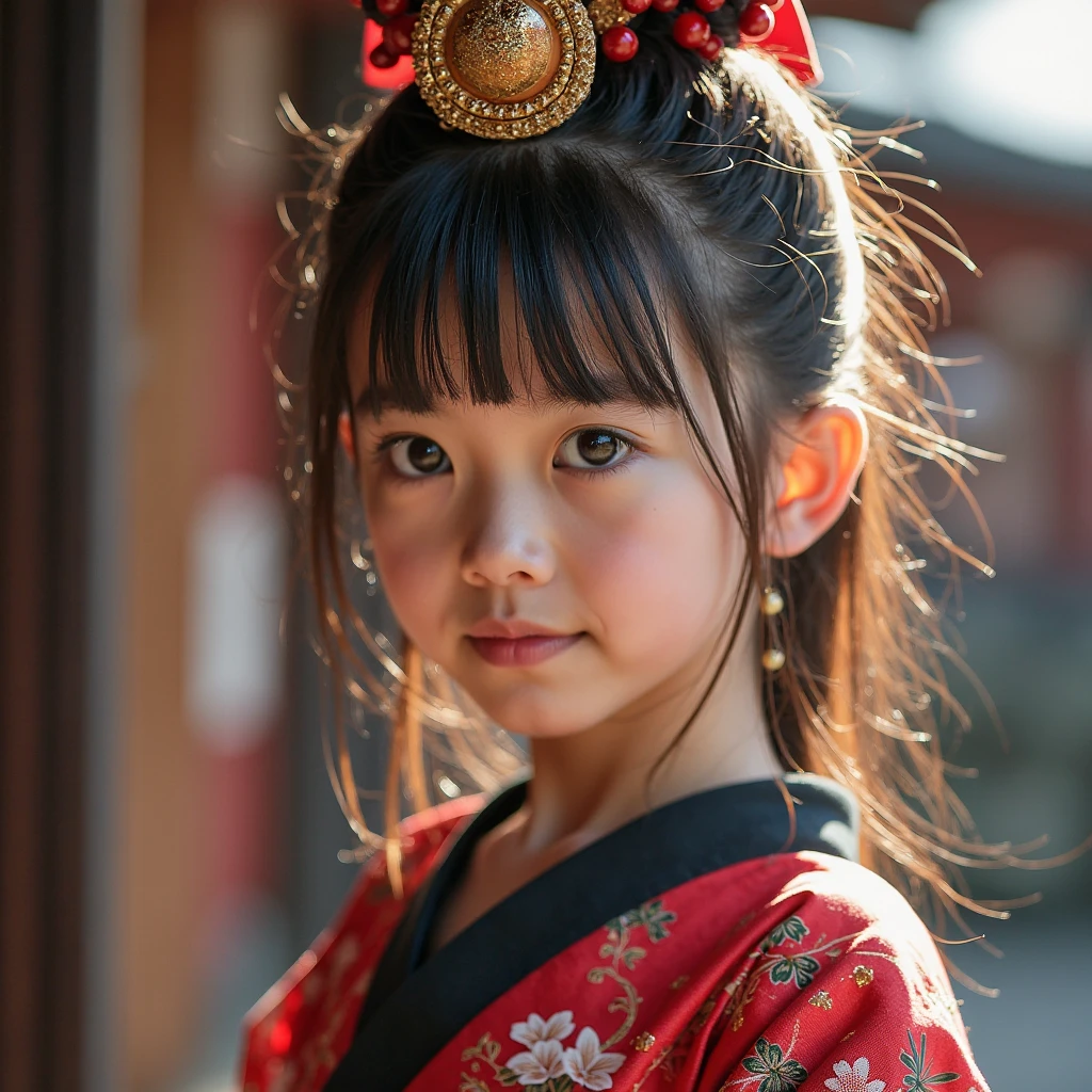 28歳のJapan人女性、kimono、The whole body is shown、The eyes are double、Baby face、Not facing the front、 Japan、Kyoto temple road、Being photographed、Medium-long black hair