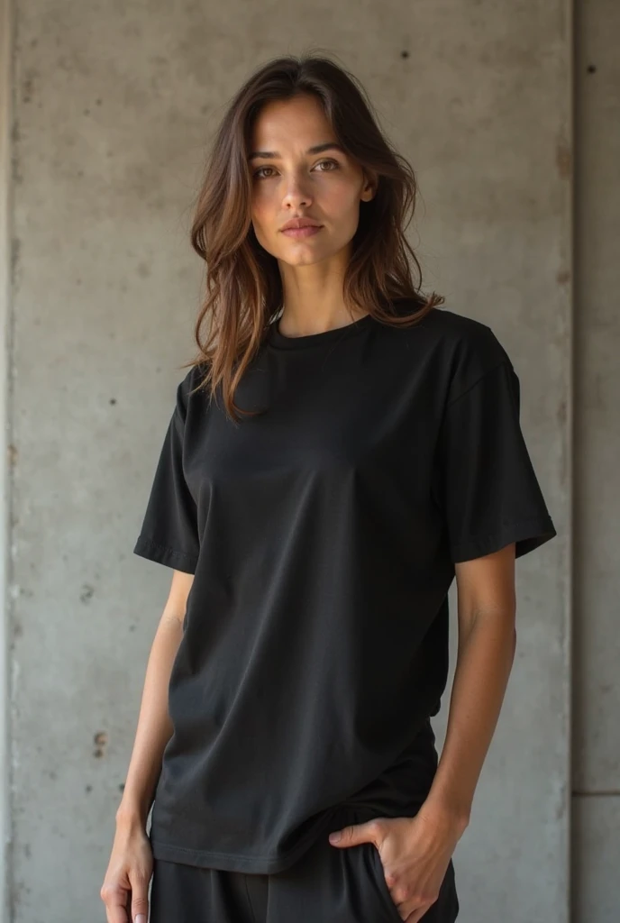 a close up of a woman wearing a camisa preta and leather pants, wearing a Camiseta preta, vestindo uma camiseta preta, vestindo camiseta preta, camiseta preta, Camiseta preta, camiseta preta, camisa preta, wearing a camisa preta, Minimal clothing, he is wearing a Camiseta preta, vestindo uma camiseta, roupas pretas casuais