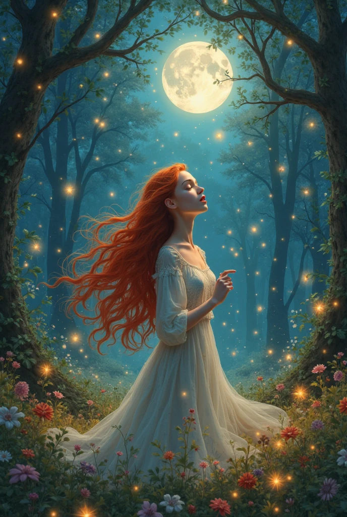 the moon, maiden moon, hyperrealistic female moon maiden and moonlight, particals of fairy dust, enchanted magical fantasy forest, glowing trees,sexy,Beautiful fairy queen, majestic moon maiden long crimson hair,realistic render, hyperrealistic, photorealistic,detailed photograph painting, Surrealism, 4k, full body , high detail, (concept art illustration) . modern, minimalist, (Aaron Douglas:1.3)