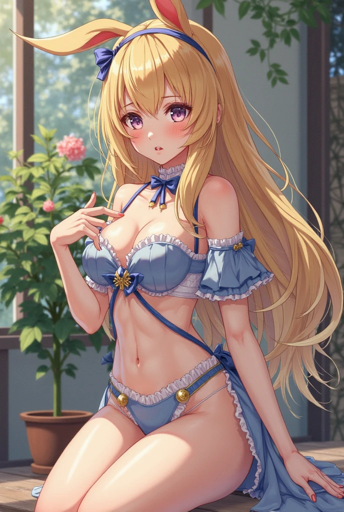 Melody Mark,Absurd, Very detailed,Bright colors,Look straight,(Sleeveless lift:1.6),(Fashionable bras:1.5) ,Long Hair, , Asymmetrical bangs, short twin-tailed blonde hair, Shiny Hair, Delicate and beautiful features, blush、(Deep blue eyes:1.3), White skin, Valletta, Earrings, necklace, Brown clothes, Beautiful Clouds, Twilight Sky,garden