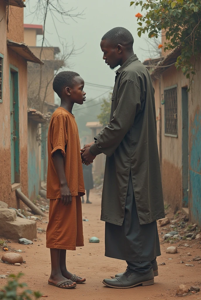 A poor father with a sad face giving a 1-year-old baby to a rich black man in exchange for a lot of money