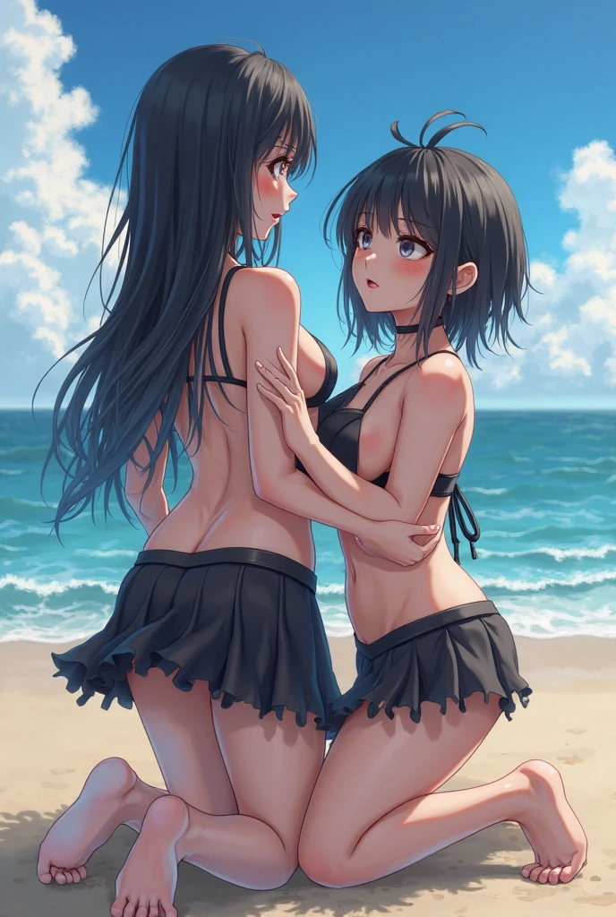 ((Highest quality)), ((masterpiece)), (detailed),Perfect Face,Strong light,With front light,Tanned, flat-chested, fully nude teen sisters kneel on a nudist beach, arching their chests and spreading their legs to show the camera a close-up of their crotches,