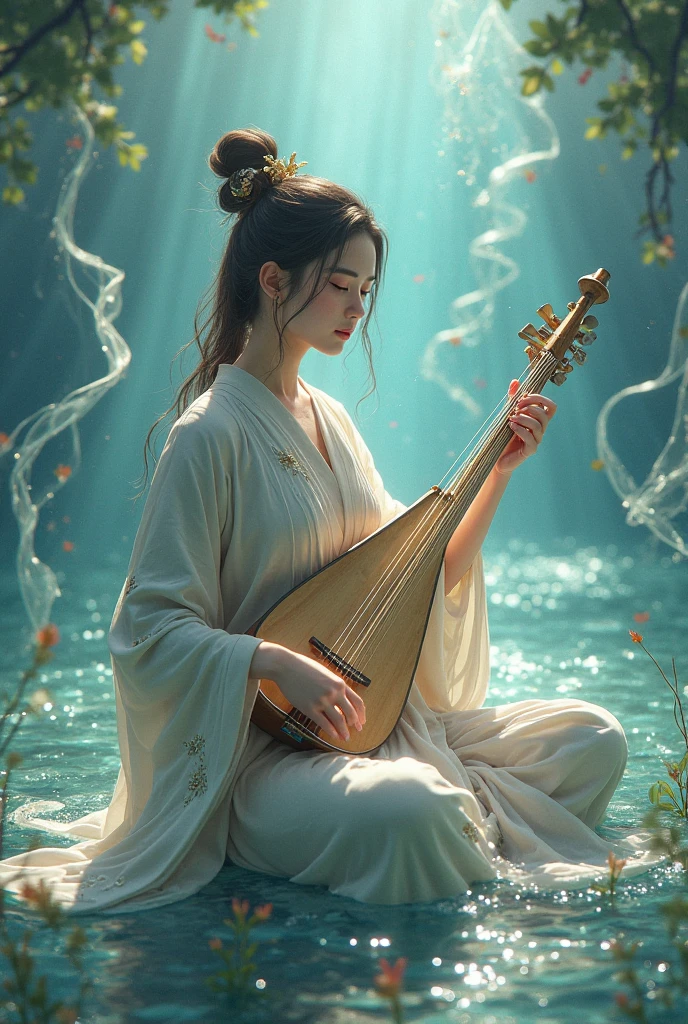 "Voluptuous woman in a wet, translucent robe playing guqin near a misty waterfall, surrounded by tropical greenery and orchids"