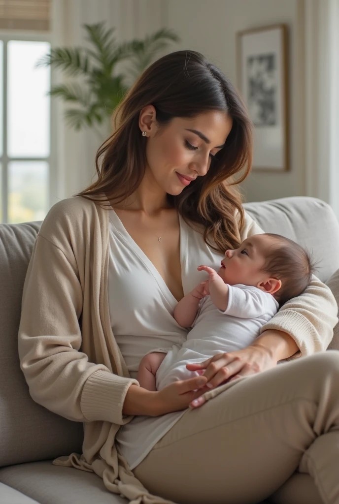 Mother holding her newborn baby on her lap, realistic image