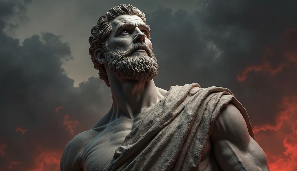 a realistic greek white marble statue, brawny, brave and scary, detailed wearing a ghostly toga, neutral background, temperamental, , photorrealistic, Horror Movie Dinner, super detailed, hyper realist, darkness background, close up and serious face, galaxy background, he is calm 
