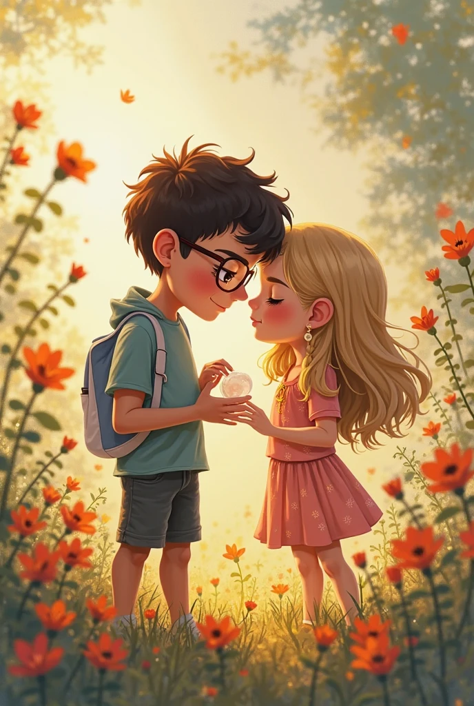 White girl without glasses with shoulder-length blond hair with light brown almond-shaped eyes and long eyelashes and a sky-blue backpack hugging a blond boy with very short black hair and slanted eyes with long eyelashes and a small nose with very round glasses with a navy blue backpack at school 
