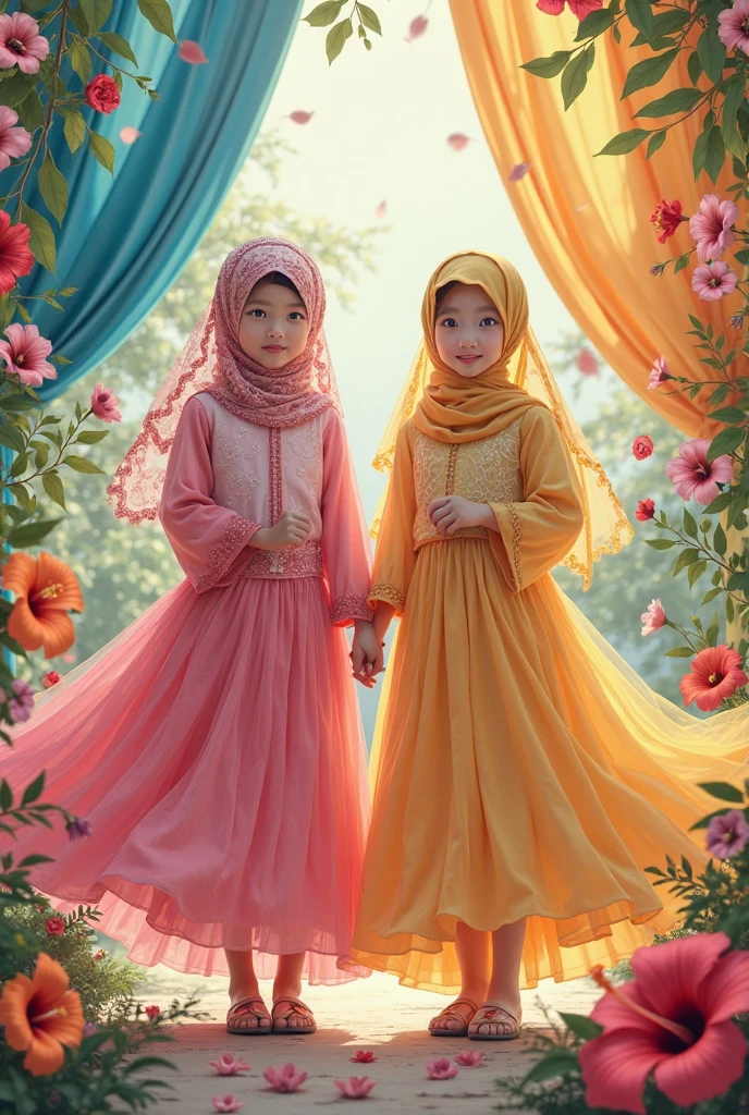 Portraits of 4 polite and neat Muslim hijab-wearing Turkish girls of all ages,,30,17,17,10 years old playing in a garden full of flowers, wearing a long yellow dress with flowers, polite and neat,and the sunlight shines on them, and all face the camera 