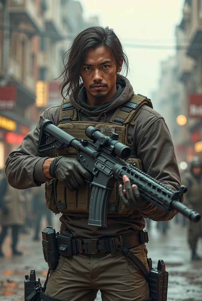 Post Apocalypse, character: Asian man with thin beard and long hair stuck black:1.3, 25 anos de idade, roupa de detetive policial preta, crucifixo no peito, distintivo na cintura, holding a sniper in hand, apocalyptic powders