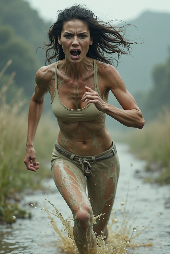 masterpiece:1.2, epic illustration:1.3, ultra-realistic photography of hot ????? ????????-expressed woman 40 years old in (dirty, muddy) blue unbuttoned jeans and (dirty, muddy)  white T-shirt, indulging in shameful ?????? with desperation and ???????,(???? teasing herself:1.2) in mud bath, full body, stoic cinematic 4k epic detailed 4k epic detailed photograph shot on kodak detailed bokeh cinematic, detailed face with freckles, natural skin texture, nordic forest, cinematic light