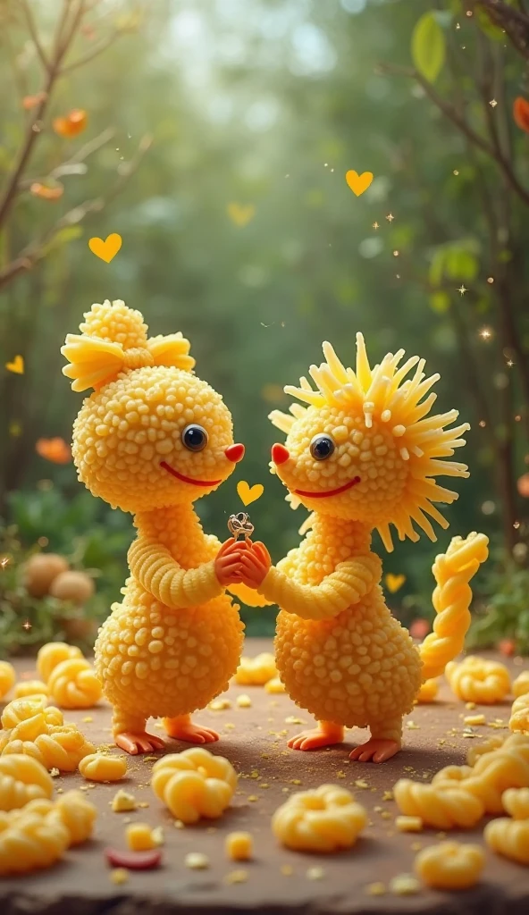 Corn bride with big bow on her head, popcorn and banana groom with hair