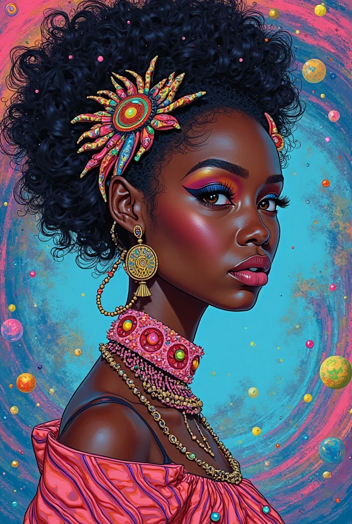 (Gorgeous Digital Artwork:1.3) of (Illustration:1.3),(Satisfying:1.3) (masterpiece,best quality,absurdres,lineart:1),original design,1girl,chic,trendy,lolipop,afro,dark skin,makeup,1970's,psychedelic,(by Artist William Dodge:1.4),(by Artist M.C. Escher:1.3),CGSociety,ArtStation,(Figurative Art:1.4),(Colorful:1.4)