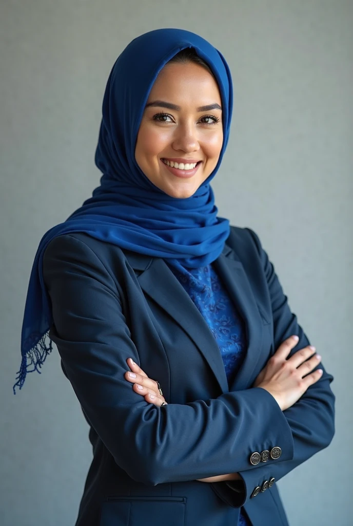 30 year old, oval face, ( Dead Rank 1.3), wearing dark blue suit, wearing hijab scarf, polite girl, cinematic scene, masterpiece, 4k HD, 8k hd