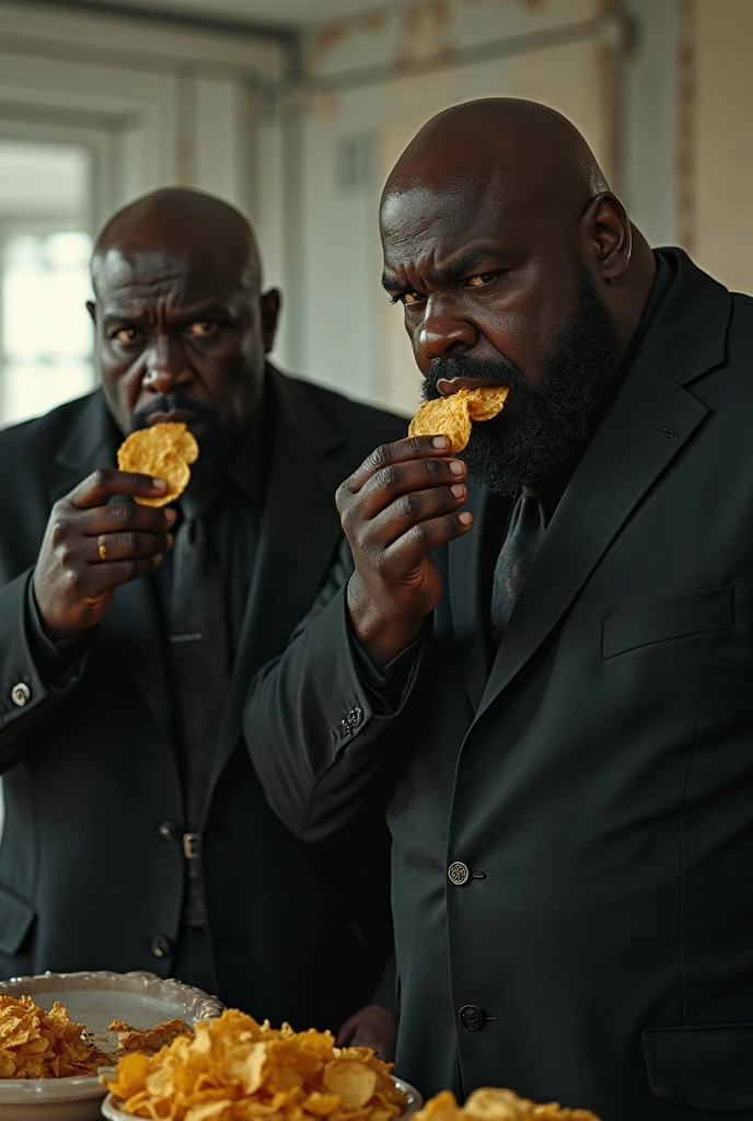 Jesus blessing union jacks and sausage rolls in a bakery. Two tattooed, sweaty, obese bald men with a greasy appearance are knelt before Jesus facing him with their heads bowed with one wearing the union jack over his shoulders. A slogan at the base of the picture says "The Self-Righteous will inherit are country". 35mm photograph. Hyper realistic image