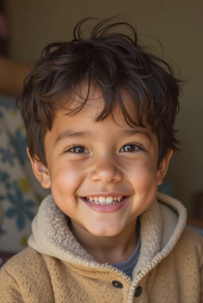 A two yeard old toddler boy, with tan skin, brown hair, red cheeks, and green eyes