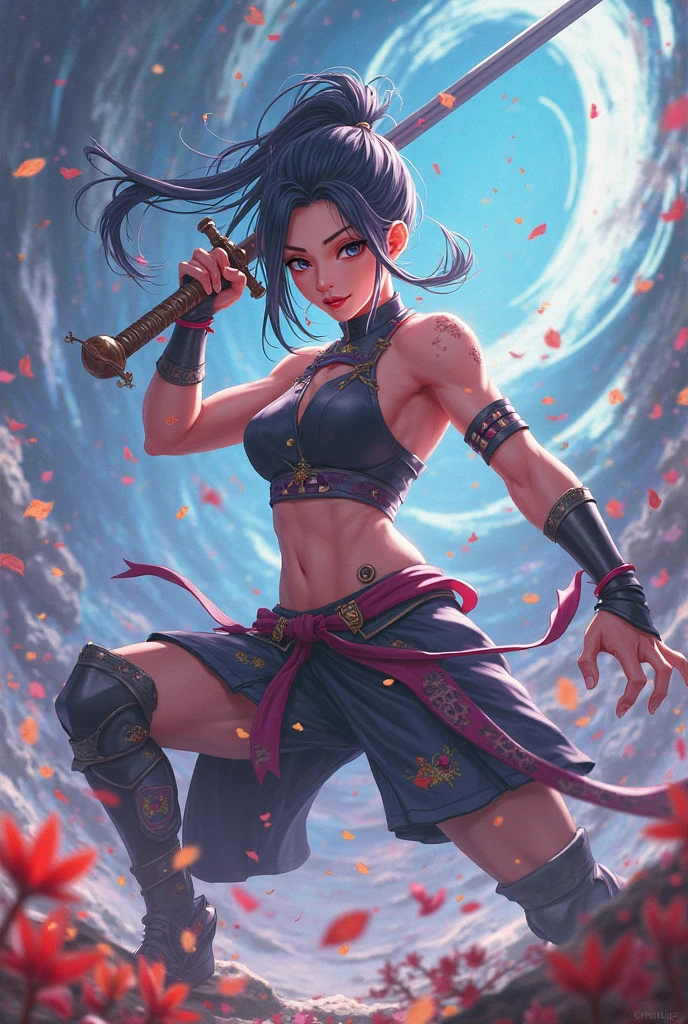 1 girl, fighting in a dark dungeon, staff weapon, dynamic pose, dynamic shot,tanned skin,oerbayunfang,crop top, midriff, blue skirt, arm warmers, belt, boots, tattoo <lora:oerbayunfang-nvwls-v1-final:0.9>, (((anime))),masterpiece, best quality, intricate details, 8k uhd, perfect face, perfect eyes