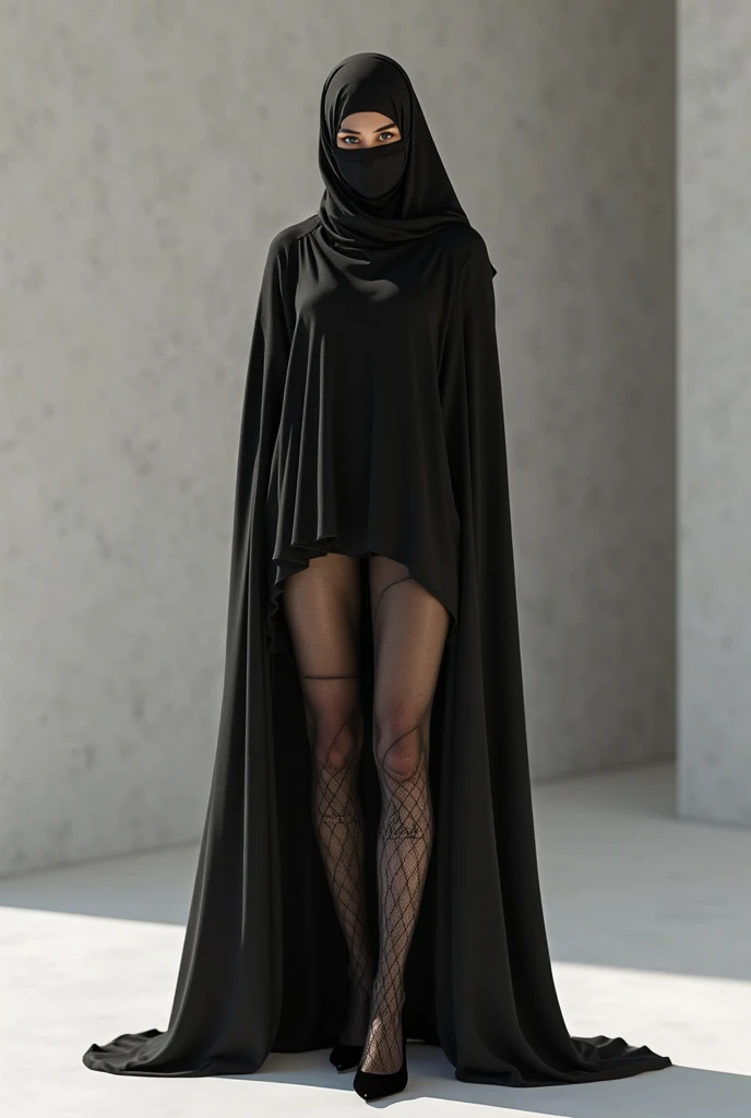A girl wearing hijab . Innocent face. Long leg. Wearing full body black latex suit. High quality. High resolution