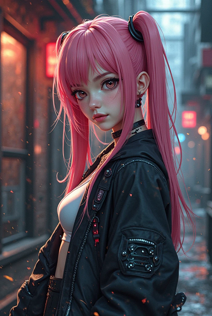 (masterpiece), anime, (photo_\(medium\):1.0), by Antonio J. Manzanedo, by Jeremy Lipking, 1girl, lightning, in a surreal landscape, painting style with watercolor, brushstrokes, unbuttoned, orange eyes, ponytail, pink hair, cyberpunk, japanese clothes