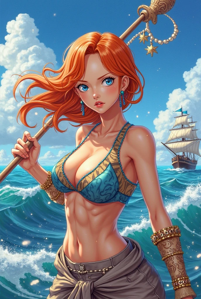 Young pirate girls sail under attack from another ship .whirlwind. storms. giant blue waves. Athletic bodies slim big breasts big buttocks long wavy hair green eyes with red lips
