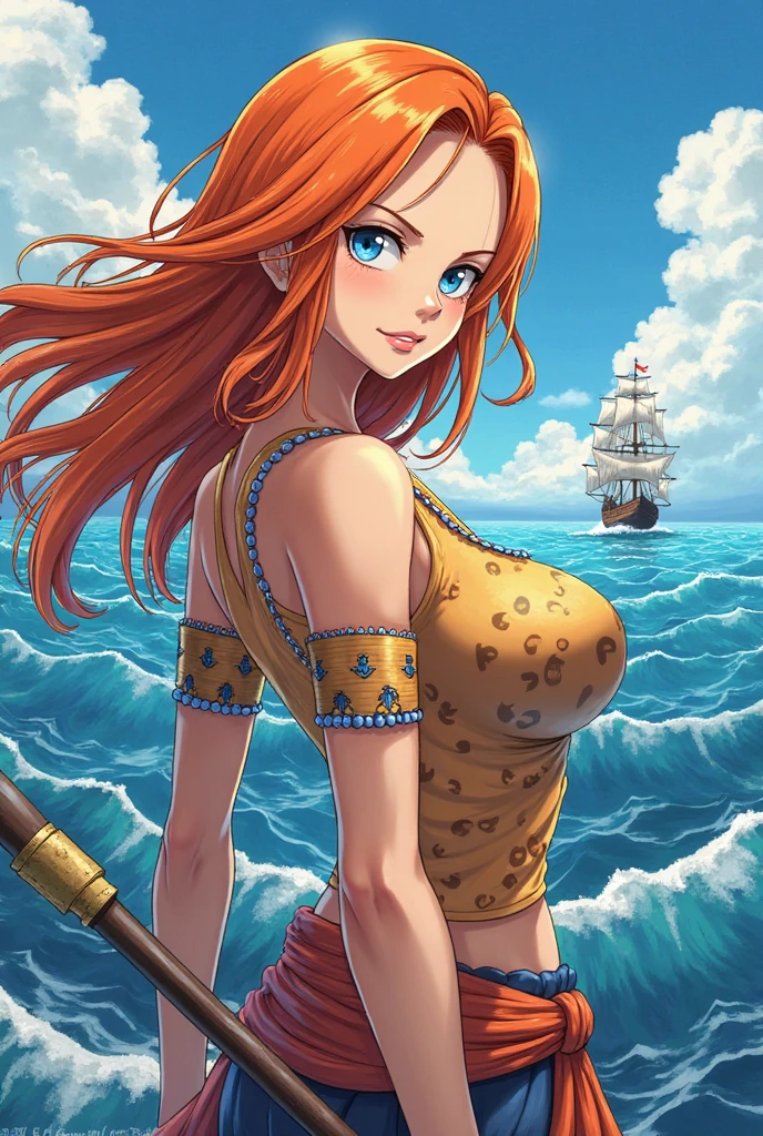 extremely beautiful nami \(one piece\), subtle makeup, golden hour, photorealistic, high contrast, 8k HD, detailed, hyper-detailed, realistic skin texture, orange long hair, bikini top only, blue pants, large breast, best quality, ultra high res, raw photo, dramatic lighting, unreal engine, diffuse glow, outdoor, realistic detailed onep piece pirate ship, treasure chest, gold, gold coins, gold bars.