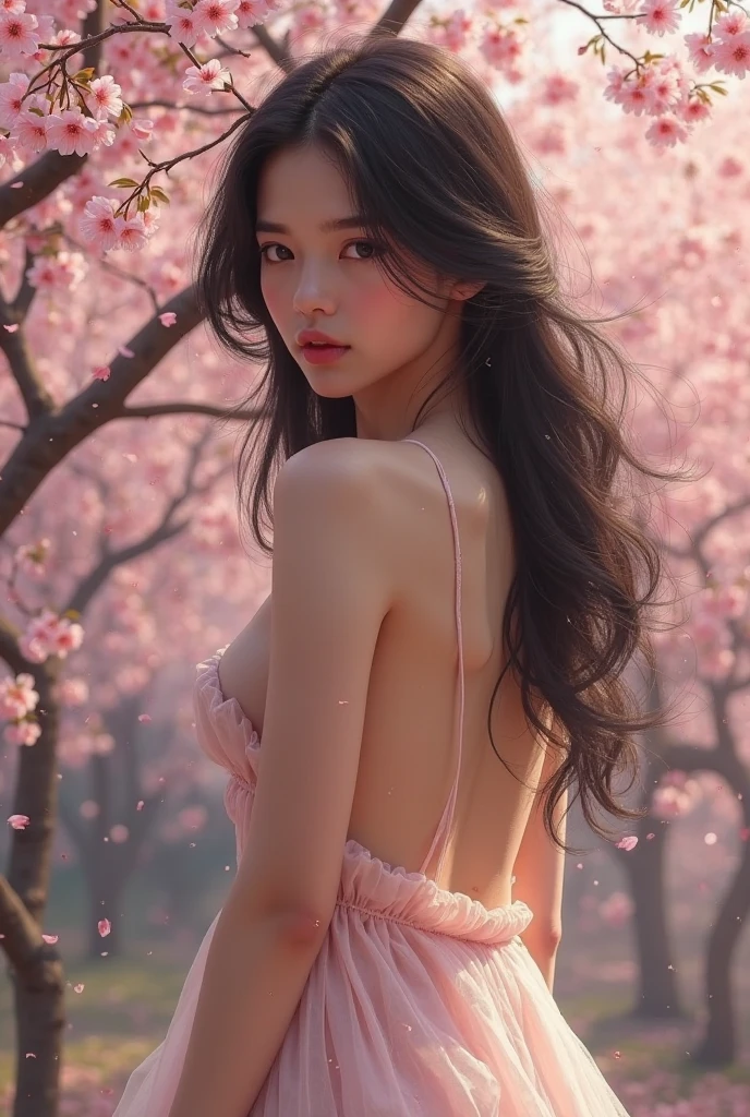 photography of beautiful woman naked, beautiful breasts in pink overcoat, colorful light and shadow, blurred motion, colorful, double exposure, colorful background, dreamy, fantasy, soft lighting, vibrant colors, medium long shot, portrait, surreal photography, glitter dust, cherry blossom flower bokeh light