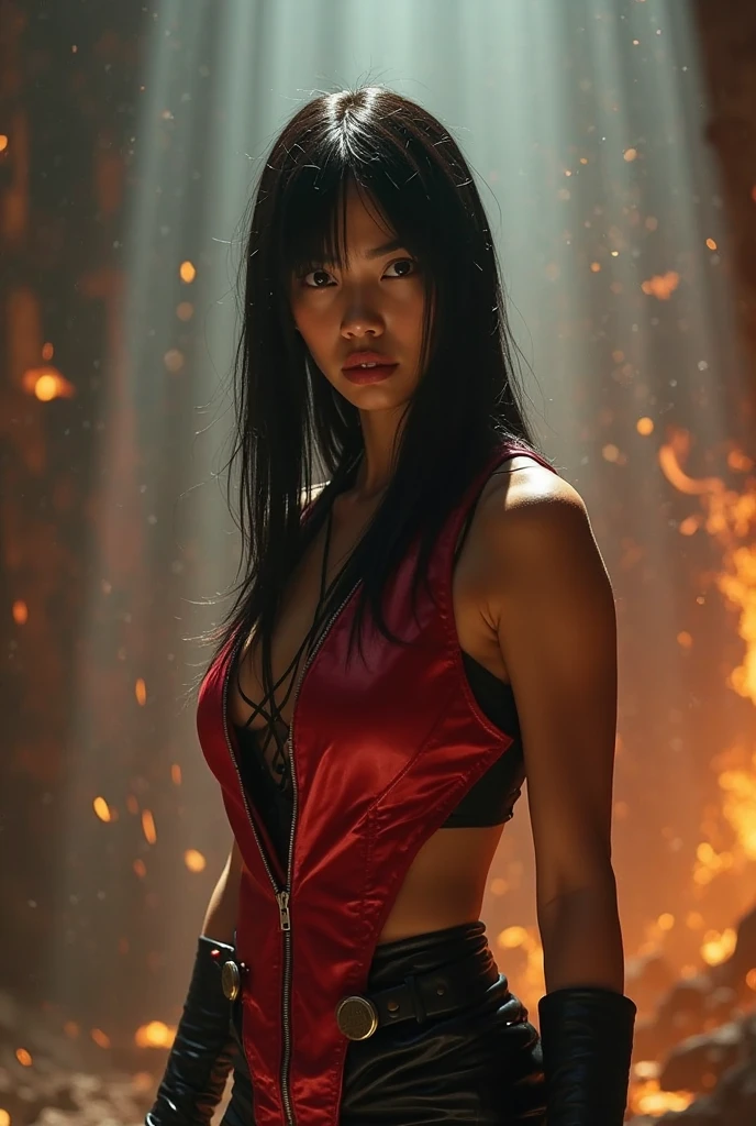 a beautiful woman with short black hair, red dress, Jessica Henwick as Ada Wong from Resident Evil, highly detailed, photorealistic, dramatic lighting, cinematic composition, dark moody atmosphere, intense gaze, confident expression, complex intricate details, masterpiece, 8k, ultra-detailed, realistic, vivid colors, stunning, dramatic