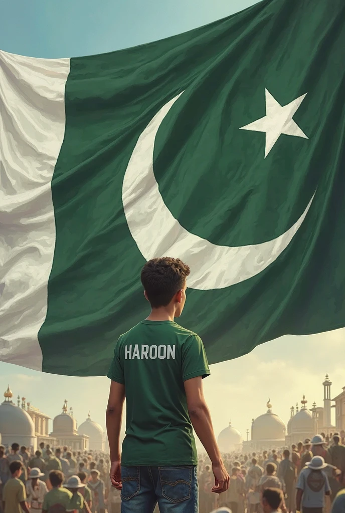 Happy Independence Day 14 August 2024 is written on big flag of Pakistan and a 20-year-old boy is standing in front of him wearing Army T-shirt, with name "saim" written on t shirt, and holding the Pakistani flag in his hand, 3D art painting realistic high quality photo