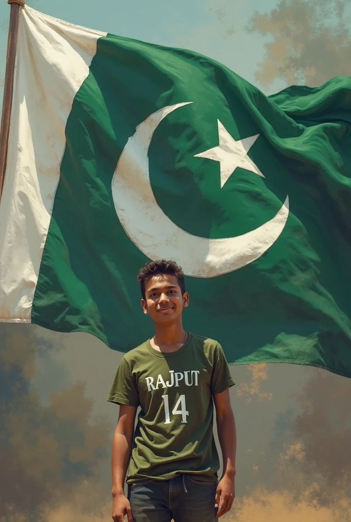 Generate a Realistic 20 years old boy,Wearing a shirt print is like pakistani flag and "HAMEED" is written on his t-shirt and the boy is standing on the road with hand holding a national flag of Pakistan,and behind him is the Minar E Pakistan.And written on sky "Happy IndependenceDay" Create Realistic image high quality
