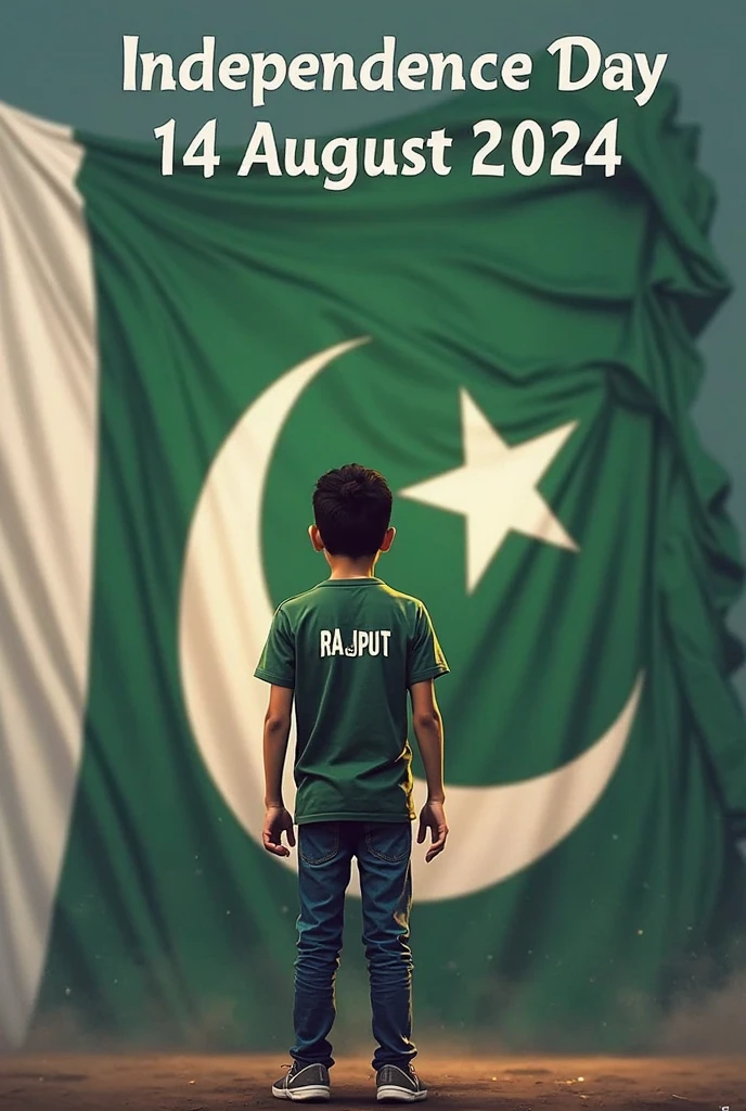 Happy Independence Day 14 August 2024 is written on big flag of Pakistan and a 10-year-old boy is standing in front of him wearing Army T-shirt, with name "saim" written on t shirt, and holding the Pakistani flag in his hand, 3D art painting realistic high quality photo