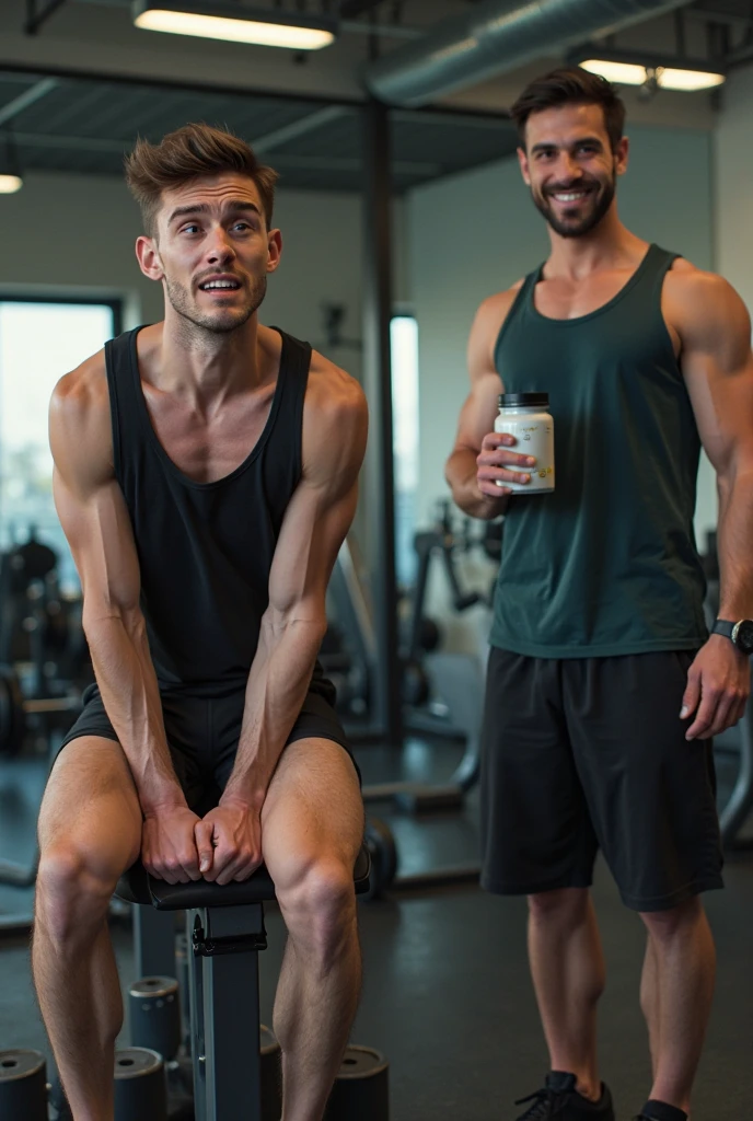 two black man having lunch spoon feeding eachother at the gym, they look like a very happy couple