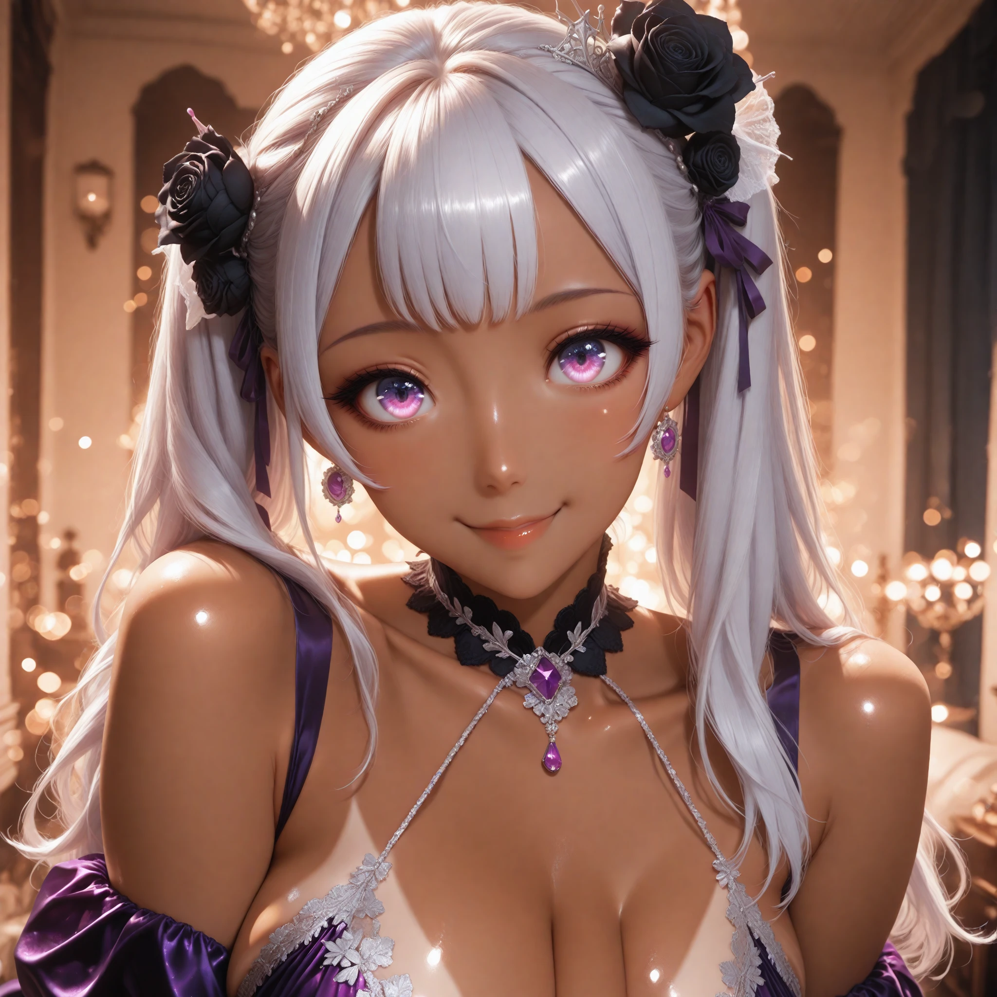 ((best quality)), ((Masterpiece)), (details), slave girl, My hair started turning white..., purple eyes, Still beautiful, Youthful look, Age 60, big breasts, Good shape, seductive pose, darling, breast suckling, bedroom, Have a smile, 3d, cartoon, anime,