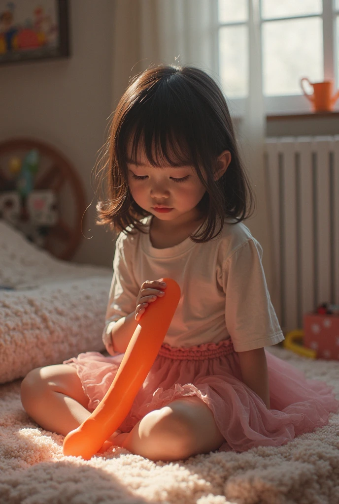 3 year old girl sitting on Chinese living room floor playing with toys，Realisticstyle，Chinese little girl