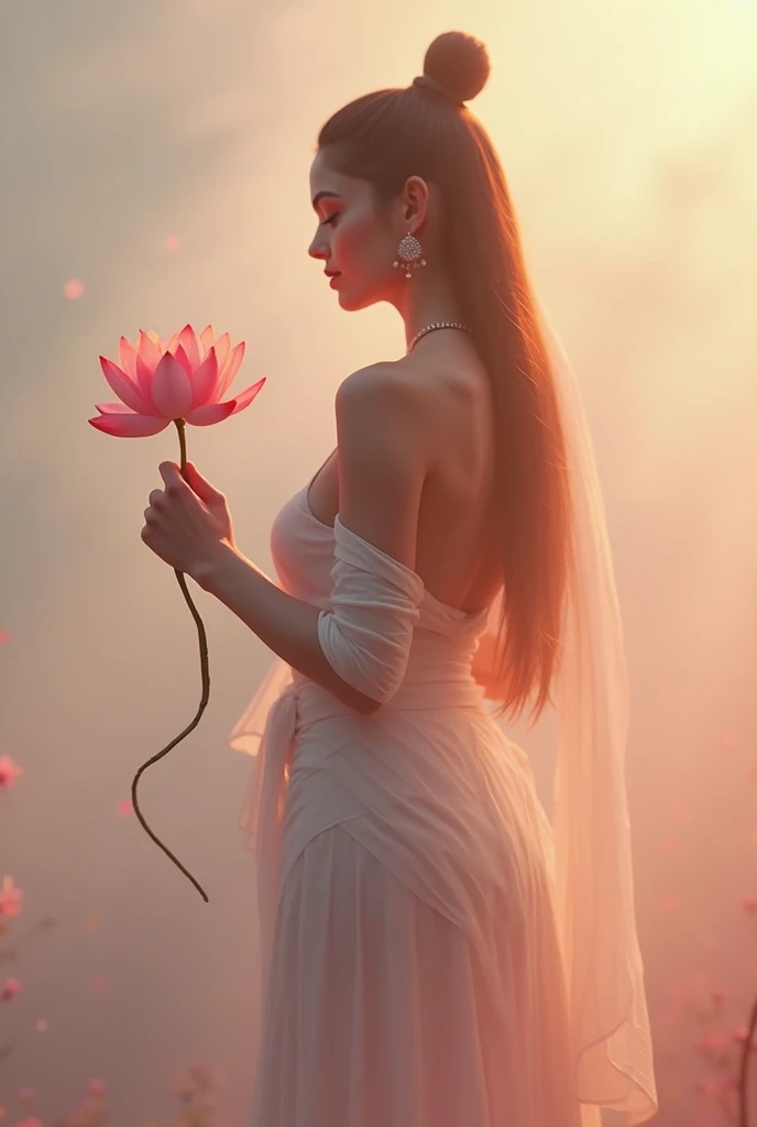 Light pink and light white tones, Esbian Full Body, White background, daylight, Efeito de Luz, minimalist, sunny, pure tenderness, soft lighting, realism. Beautiful woman who (collarbones, shoulders,) poses with her back on (praying and standing) super giant lotus with double and long petals (petals made of thin, soft gauze fabric, full background of flowing petals, floating flower, super flying petals, smoke effect, fog, mixed with petals), lotus dress, ((ss-through)) full length. ReV Анимированные