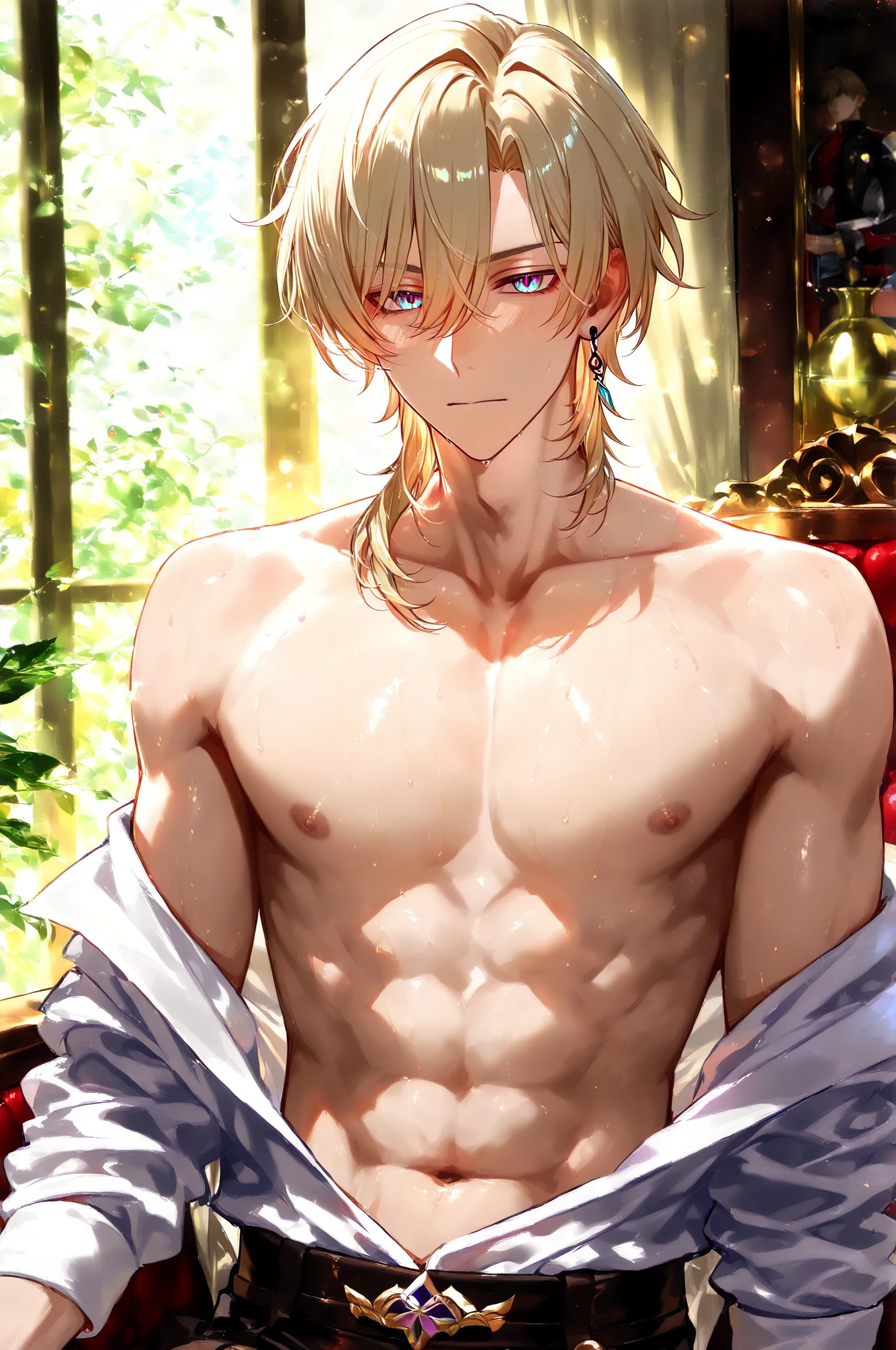 (Ultrarealistic:1.3) 1boy, cloud strife, black short shorts, shirtless, pecs, thighs, japanese home interior background, candlelight, perfect face, perfect lighting, shiny skin, candles