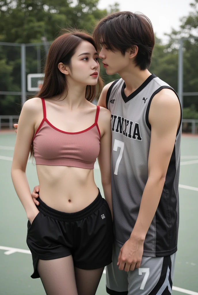 absurdres, RAW photo, extremely delicate and beautiful, masterpiece, Best Quality, ultra high resolution, 16k, hyperrealistic, realistic, photorealistic, photo-realistic, ultra-detailed, perfect anatomy, super Detailed skin, perfect figure, Very detailed CG 8k wallpaper, nude, pussy, shaved pussy, nipple, perfect nipple, perfect breast, round breast, small head, perfect fingers, (upper body :1.2), super white skin, standing, kpop idol, nude, blushing, windy, sexy leg, smile, smile eyes, 2  guys, nude, puffy hair, bangs, (2 guys :1.5), long leg, medium breast, (nude girl), messy hair, flat bangs, sexy lips, medium round breast, black nails, tall man, cute hair, cute pose, no bra,  (couple), teen, sexy pose, sad, police on background, sport shorts, angry man, smile, medium round breast, smile, at outdoor basketball court, korean model, wearing dolphin shorts, look each other, hands all down,  sport shoes, nike shoes, pony tail hair, short hair, nude boy, hard dick, hard penis, realistic penis, realistic dick , full nude boy,
