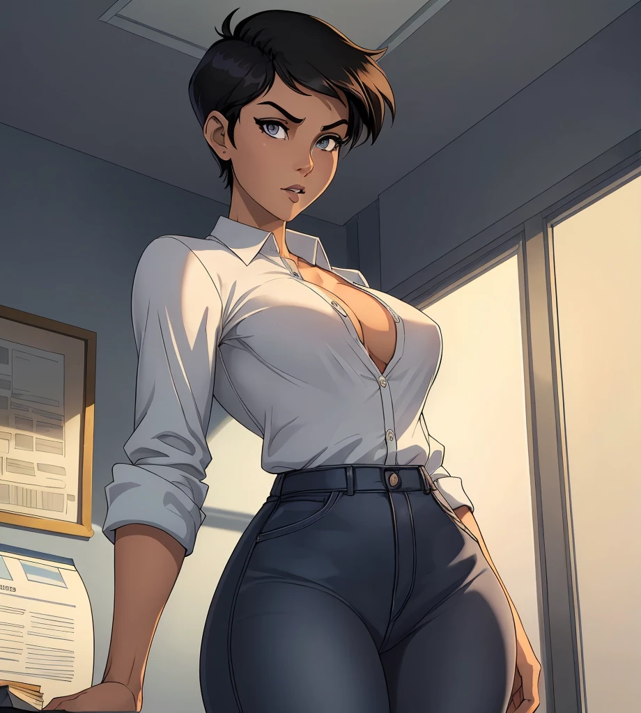 photo of mlp Meowko, RAW, beautiful woman, ((portrait)), ((detailed face:1.2)), ((anime face, anime facial feature, clear skin, glossy anime lips, clear skin), (short messy lesbian haircut, brunette: 1.55),  (perfect proportioned body, Strong, muscular, narrow waist, narrow hips, skinny, large breasts), (she is wearing lilac colored long sleeve blouse, buttons undone, open shirt, booty shorts, Short shorts), (kneeling on bed, splits kneeling, legs apart), (realistic photo, best quality, detailed), (8k wallpaper), (cinematic lighting, beautiful light, (afternoon:1.3)) (sharp focus, intricate)