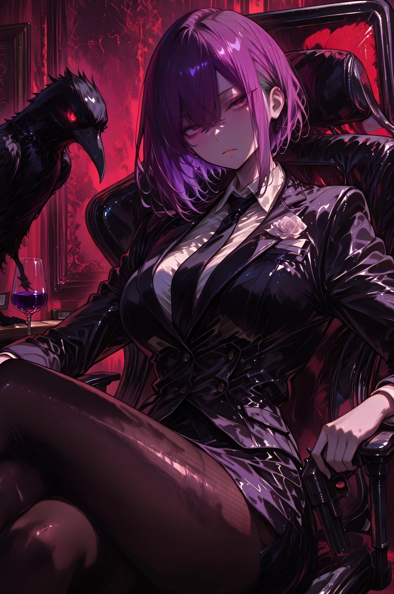 1girl, (An adult mafia boss woman、Cold look、Cold Eyes、Purple hair color、Asymmetric Two Block Undercut Hair、mafia suit、skirt、Black tights、Lean back and sit in a chair、Legs crossed、they are crossing their arms in front of their chest)。(has a big, cool jet black crow with a red eye on the woman's shoulder、The same orientation as a woman's face)。Prohibition Era New York Mafia Interiors and Interiors、A glass of vodka on a desk、Mountain of documents、Pistol、Noir atmosphere、The whole room is getting dark、、masterpiece, best quality, amazing quality,748cmstyle, very aesthetic, newest, texture matte