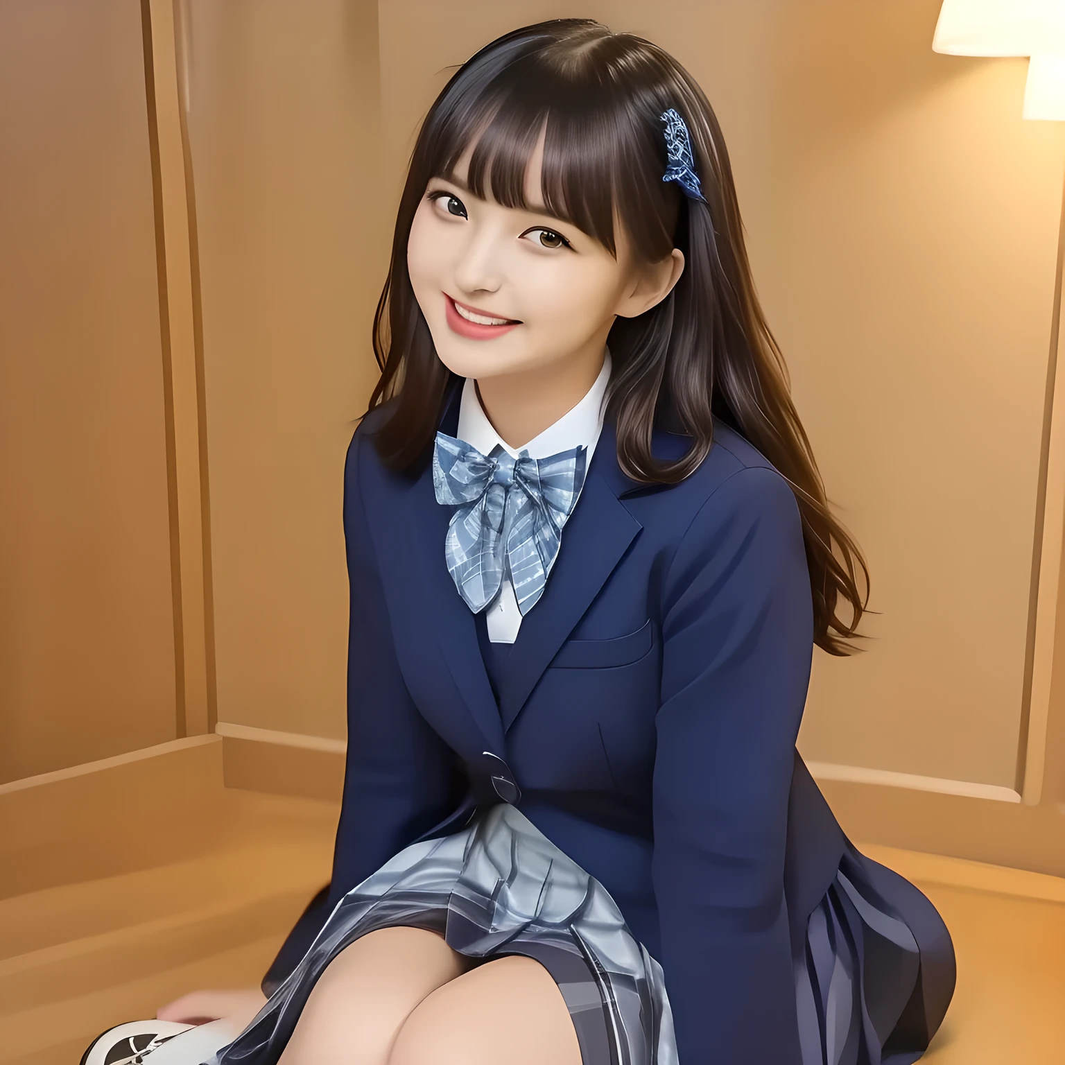 (highest quality, masterpiece, clearly detailed:1.5), highest quality, High resolution, 1080p, 8K, (Too beautiful ((purest)) ((sweetest and cutest)) ((beautiful girlish and Evolved with grace)), ((Too much beloved)) noble grown beautiful beautiful girl with detailed, Japanese with European eyes, 155cm height, ((svelte silhouette)), Cloistered beauty, evil minded like succubus, dreamy appearance, with detailed: 1.7), (laughing white face with unreal beauty, overflowing with translucence: 1.8), ((Neatest (navy colored) blazer school uniform, shiny-blue bow-tie, school navy pleats plaid skirt with detailed), brown loafers: 1.8), (Too beautiful ((cute large brown prominent eyes like a young girl's eyes)), ((prominent droopy eyelid)), gazing up, and neatness charm the viewer), ((high-class and neatness of intelligent school uniform middle-length skirt is very impressing), focus on her beautiful face with detailed: 1.8), (black super-long wavy hair, bangs trimmed carefully, neat tight long hair: 2.0), (Sitting properly with knees closed on the floor: 1.5), (promotion of most high-class sexual hotel, most intelligent girl contest winner: 2.0), ((take a shot from side floor))