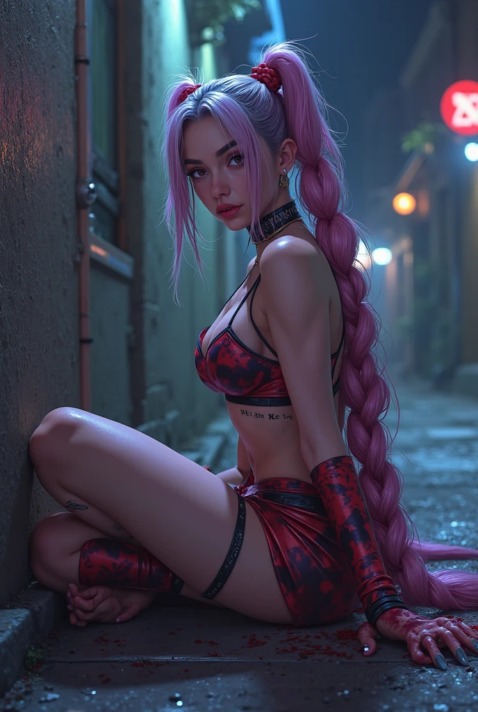 Yakuza woman, milf, sukuna jujutsu kaizen, has pink hair, japanese Yakuza tattoos on the face and other parts of the body like black lines, wears a black and white kimono, has red eyes, She is muscular and tall, sexy, defined hips, big breasts and shows her entire ass watching her vagina