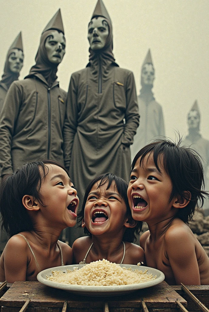 there are many children standing on top of each other in a mud field, with their faces and bodies full of mud and oil, they are looking at the camera, doing majestic poses, holding Indonesian flags, climbing areca nut, fighting over lots of gifts on bamboo poles, many legs, very artistic poses, cute and adorable,  tower, eye-catching, masterpiece, strong pose,